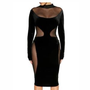 Naked Wardrobe Velvet & Mesh Sheer Cutout Lonsleeve Mockneck Dress L